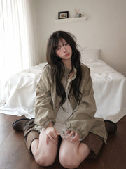 Drawstring Stand Collar Loose Jacket – Windproof Korean Cotton Coat in Khaki