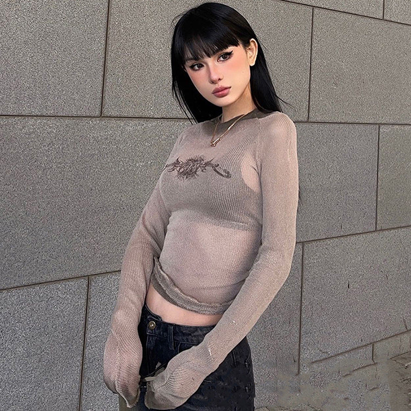 Vintage Print Mesh Long Sleeve Tee - fairypeony