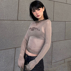 Vintage Print Mesh Long Sleeve Tee - fairypeony