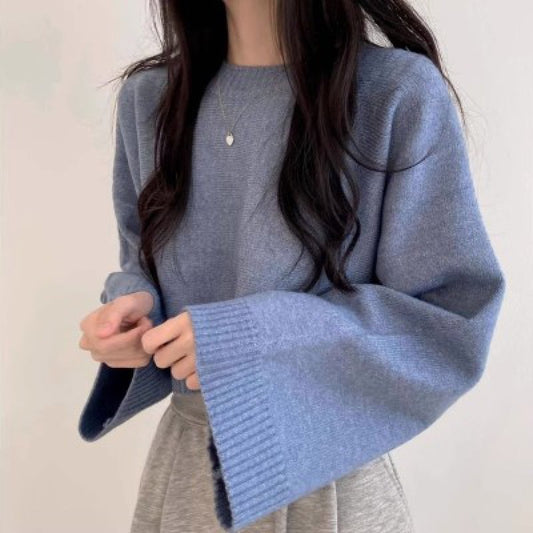 Solid Color Round Collar Pullover Crop Sweater