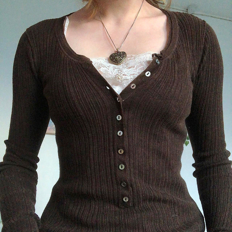 Lace Paneled Button Long Sleeve Knit Top - fairypeony