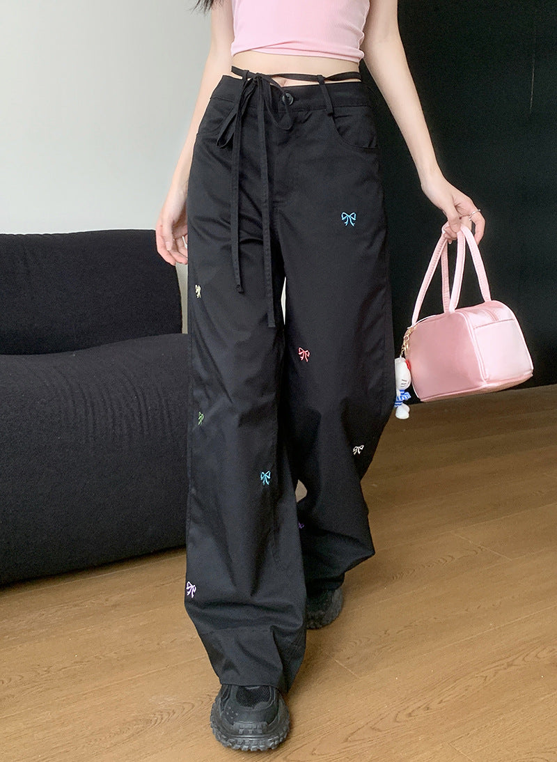 Bow Embroidered Straight Wide Loose Pants