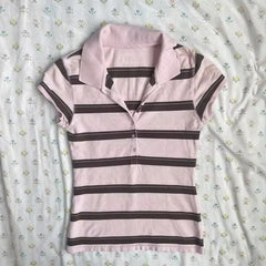 2000s Striped Polo Shirt Top – Pink Brown Collegiate Crop Tee S–L
