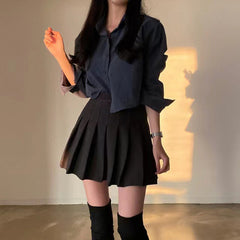 Dark Academia Solid Color Crop Long Sleeve Blouse