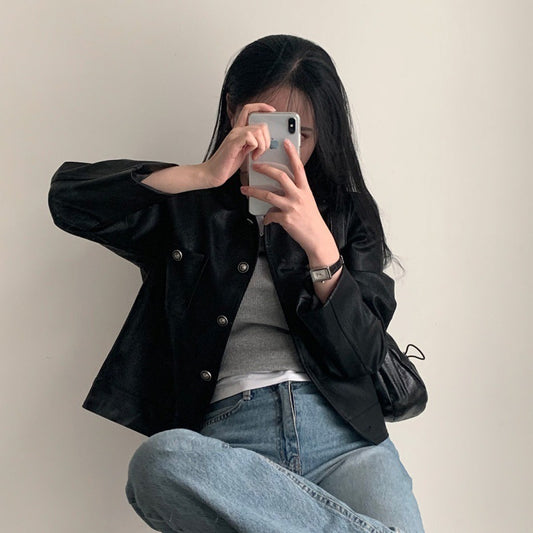 Vintage Round Neck Pu Leather Button Jacket
