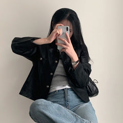 Vintage Round Neck Pu Leather Button Jacket