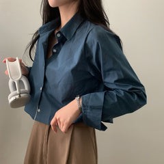 Solid Color Oversized Long Sleeve Crop Blouse