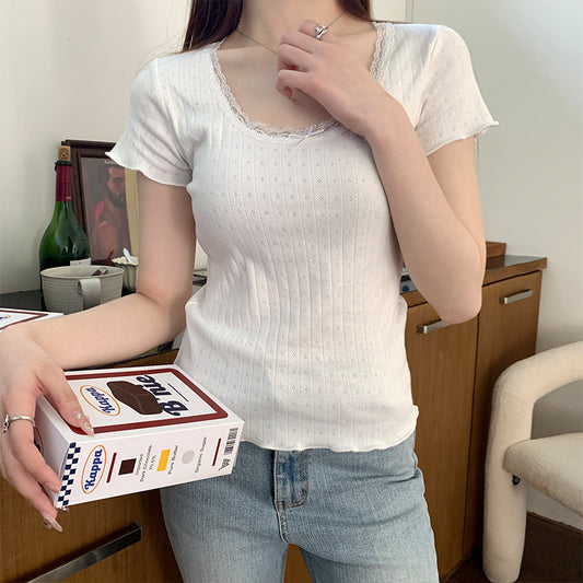 Lace Trim Floral Short Sleeve Tee