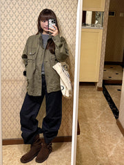 Retro Loose Stand Collar Jacket – 95% Cotton Work Jacket in Brown Green