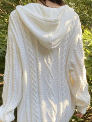 White hooded cable-knit sweater