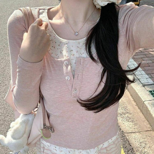Floral patchwork faux two-piece long-sleeved T-shirt - fairypeony