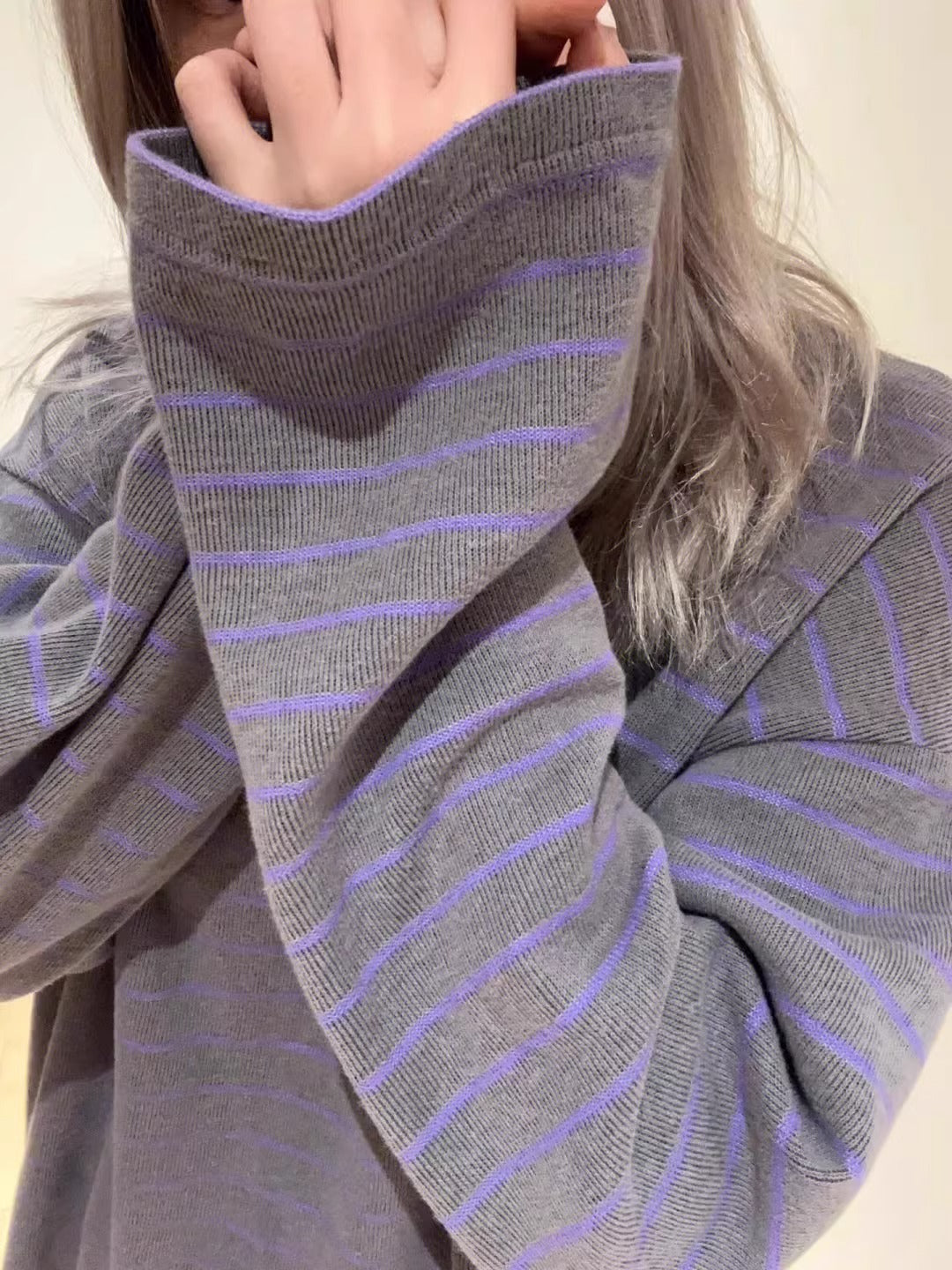 Contrast Color Stripe Oversized Long Sleeve Knit Tee