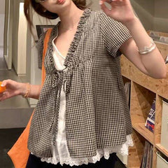 Aesthetic Ruffled V-Neck Fake Two Piece Blouse