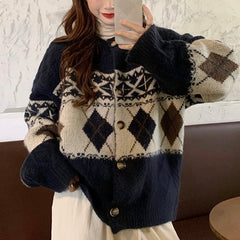 Vintage Argyle Print Oversized Cardigan