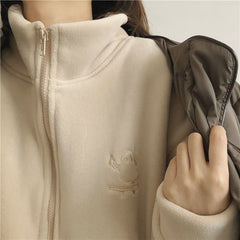 Embroidery Zip Up Fleece Jacket - fairypeony