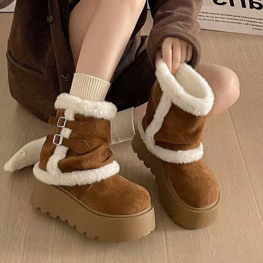 Women's Plush Lined Winter Snow Boots Cuffable Shaft Chunky Platform Warm Ankle Boots