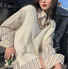 V-Neck Striped Oversized Knitted Vest