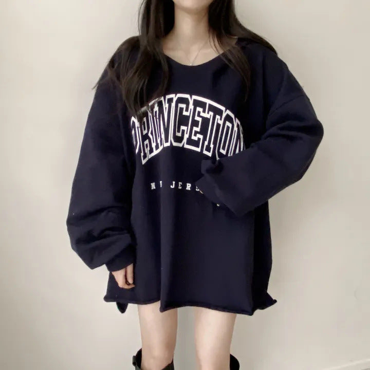 Letter Print Oversized Hooded Long Sleeve Tee - fairypeony
