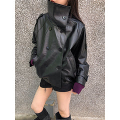 High-Neck Faux Leather Windbreaker Jacket – Loose Fit Trench-Style Coat