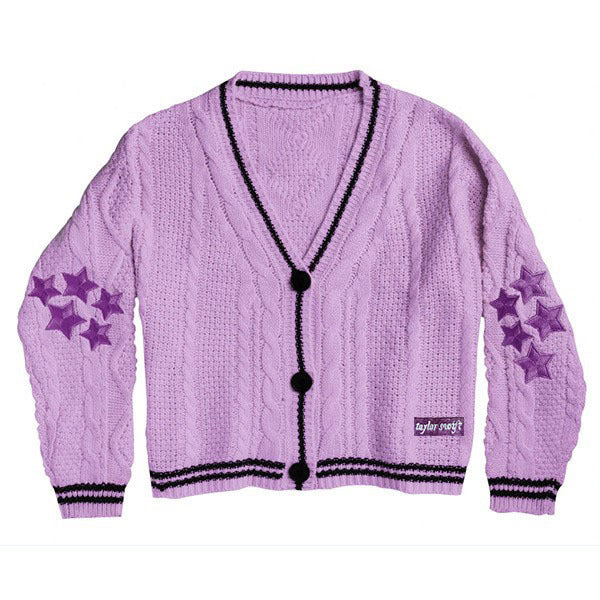 Oversize Star Embroidered Cable Knit Cardigan - fairypeony