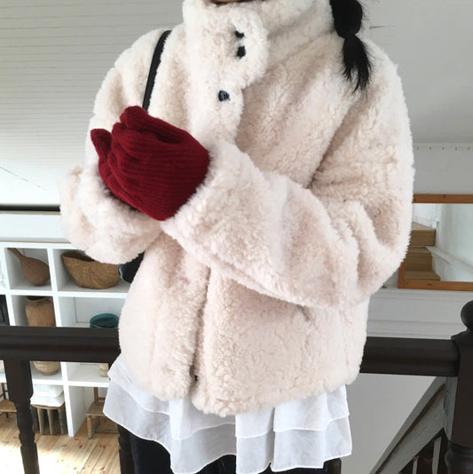 Short Wool-Blend Coat – Korean Sherpa Textured Button Coat in 3 Colours