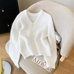 Elegant Solid Color V-Neck Soft Pullover Sweater for Women