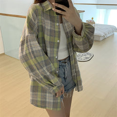 Vintage Plaid Oversized Loose Blouse