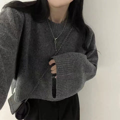 Solid Color Round Collar Pullover Crop Sweater