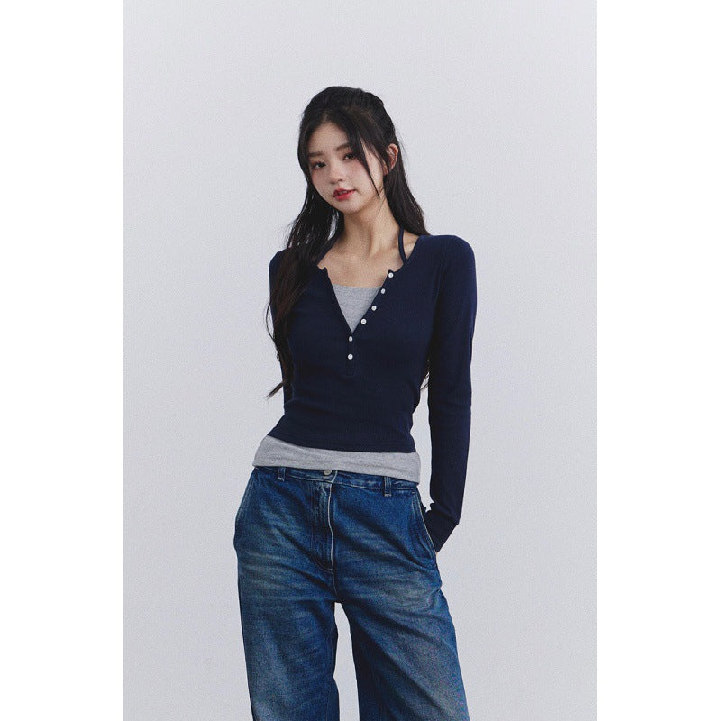 Fake Two Piece Halter Long Sleeve Tee - fairypeony