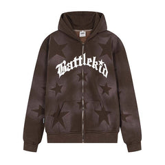 Oversized Star Print Zip Up Hoodie - fairypeony