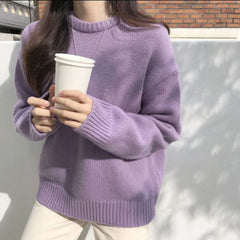 Round Neck Solid Color Pullover Sweater