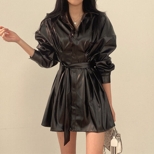 Single breasted Long Sleeve Pu Leather Coat