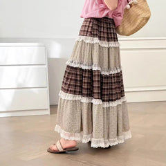 Plaid Lace Patchwork Midi A-Line Skirt – Mori Girl Elastic Waist Dress