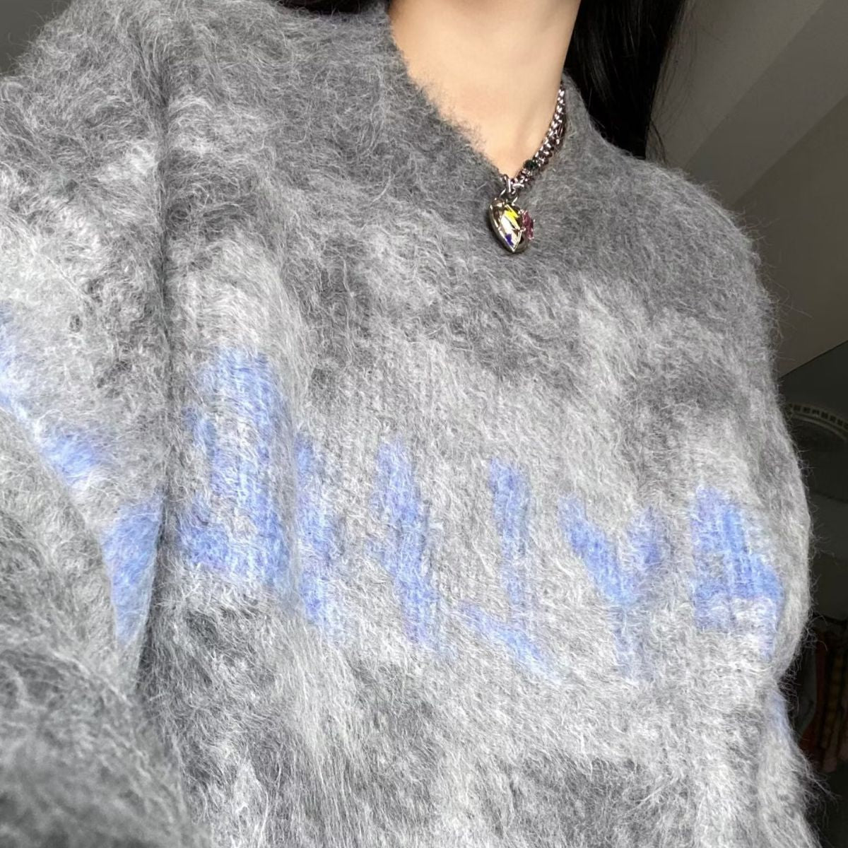 Fuzzy Contrast Color Print Oversized Sweater - fairypeony