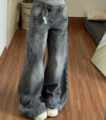 Vintage washed double-waistband wide-leg jeans in grey, front view