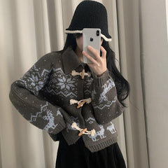 Aesthetic Snowflake Horn Button Knitted Cardigan - fairypeony