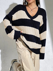 Casual Stripe Print Oversized Long Sleeve Sweater