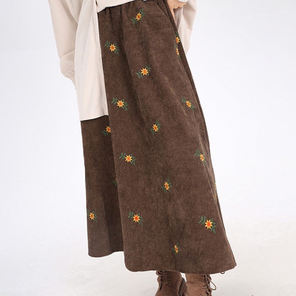 Embroidery Daisy Corduroy Maxi Skirt - fairypeony