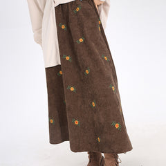 Embroidery Daisy Corduroy Maxi Skirt - fairypeony
