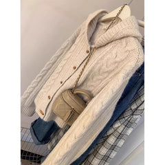 Horn Button Hooded Twist Knit Cardigan