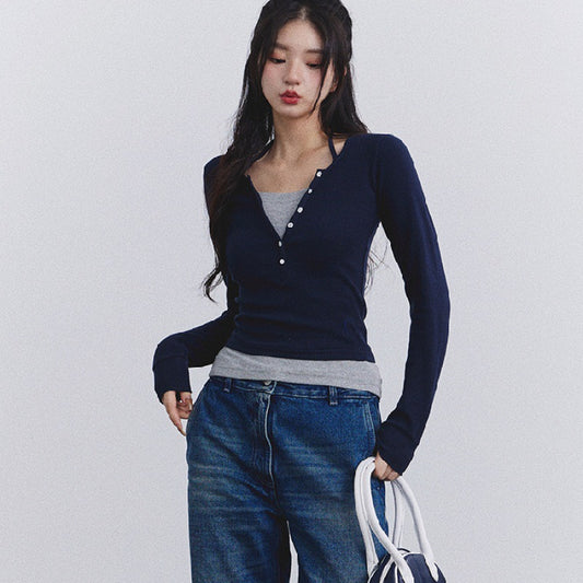 Fake Two Piece Halter Long Sleeve Tee - fairypeony