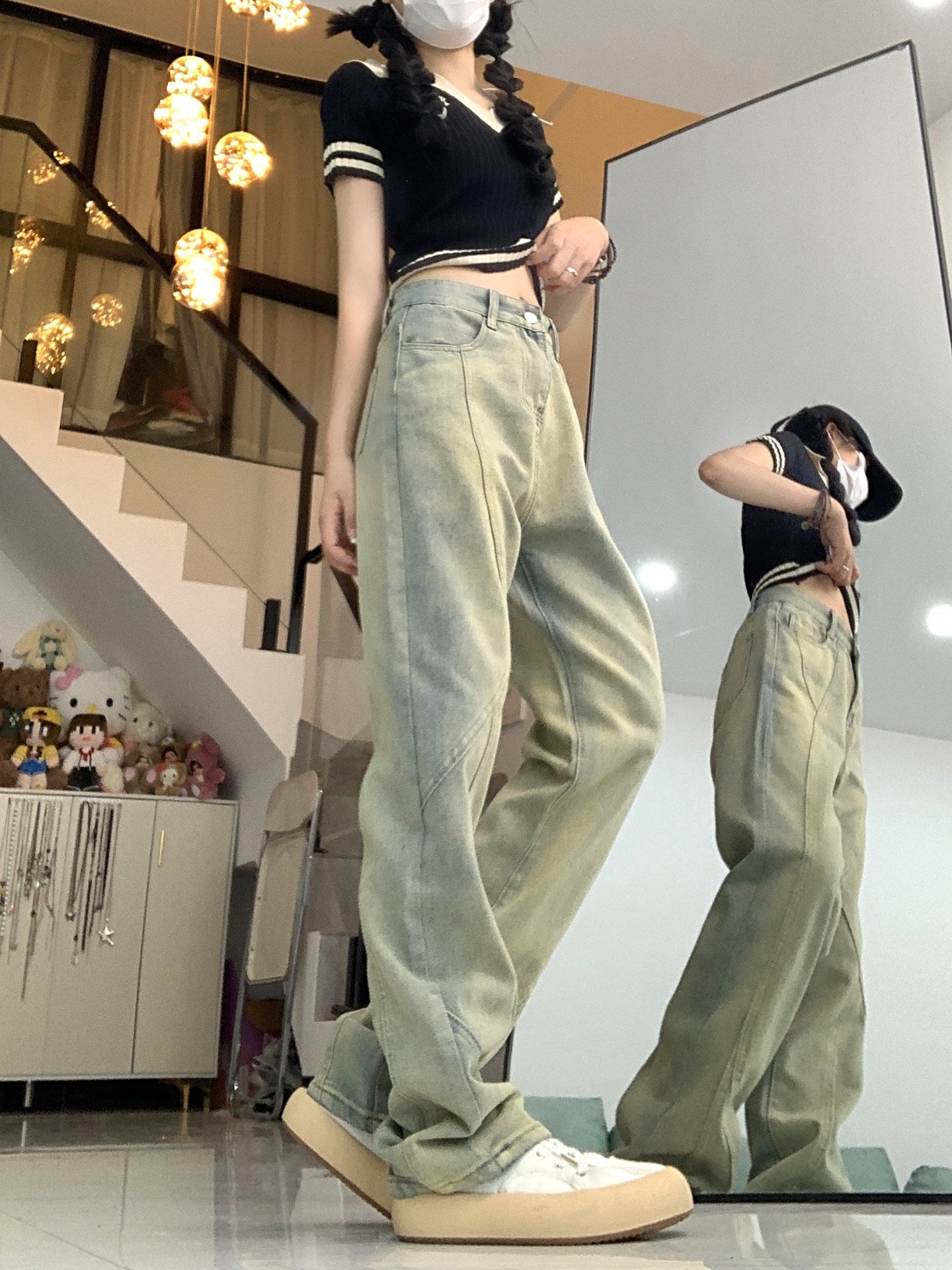 Faded Wash Paneled Seam Jeans - fairypeony