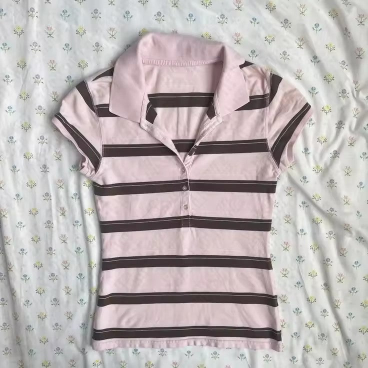 2000s Striped Polo Shirt Top – Pink Brown Collegiate Crop Tee S–L