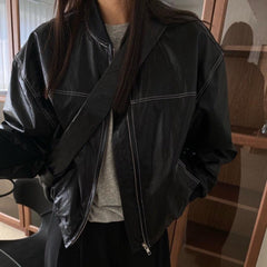 Vintage Sewing Details Pu Leather Zip Up Jacket