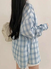 Vintage Blue Plaid Print Mid Length Blouse