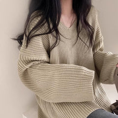 V-Neck Solid Color Loose Sweater