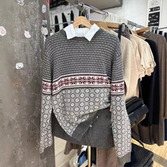 2000s Snowflake Grey Loose Pullover Knit Sweater – Fair Isle Nordic Pattern One Size