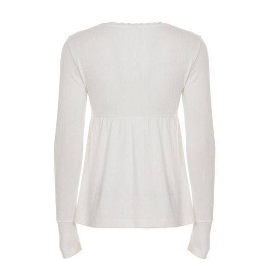 2000s Lace Patchwork Cross-Collar Babydoll Top – Wrap V-Neck in White S–L