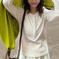 Women's Henley Collar Ribbed Texture Printed Long Sleeve Slim Fit T-Shirt