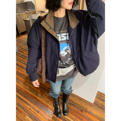 Retro stand-up collar zip-up loose jacket